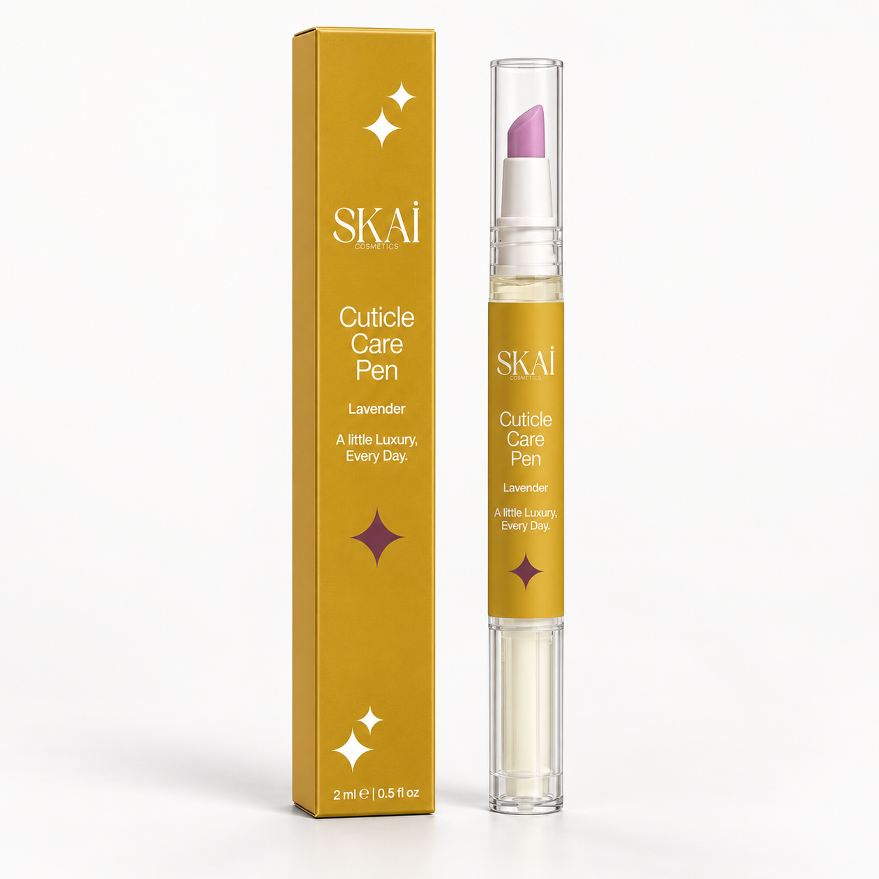 SKAI Cuticle Care Pen in lavender, shown next to its gold packaging box on a clean white background.