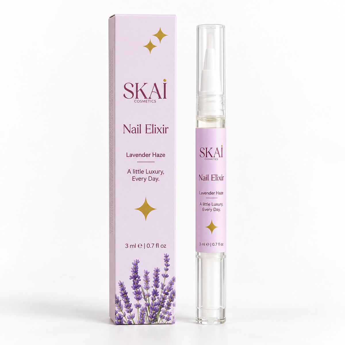 SKAI Cosmetics Nail Elixir in Lavender Haze, showing the lavender-colored packaging box alongside the clear glass bottle with a matching label, on a clean white background.